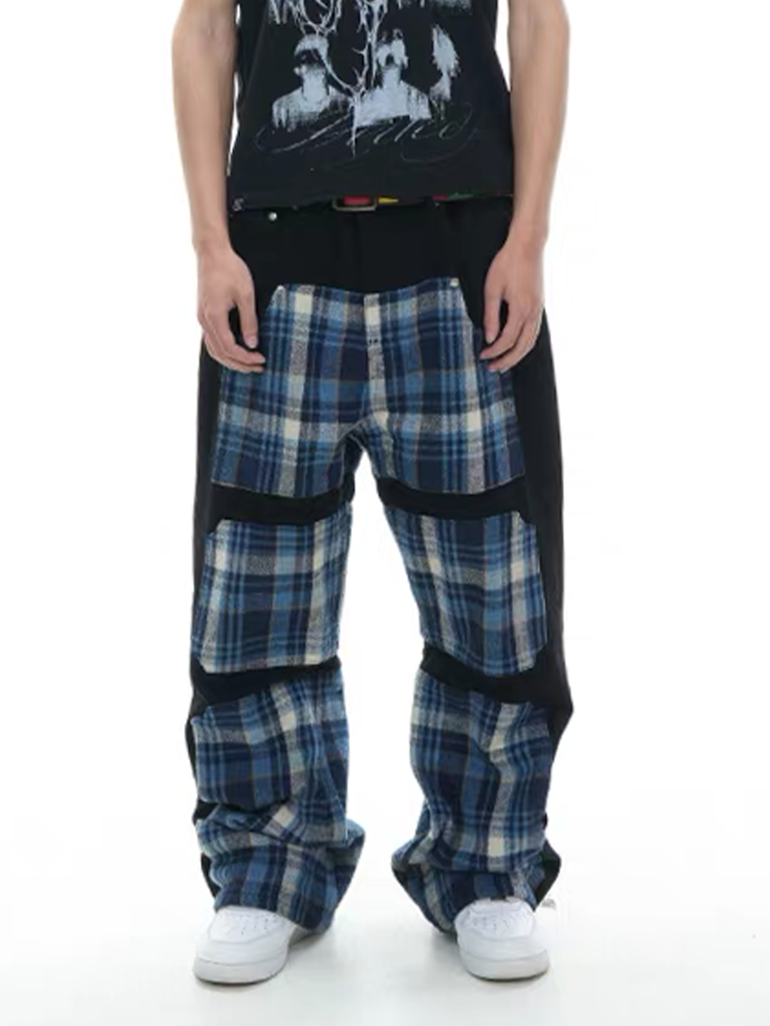 VINKID Plaid Paneled Wide-Leg Jeans-Jeans-S / 31"-Free Shipping Leatheretro