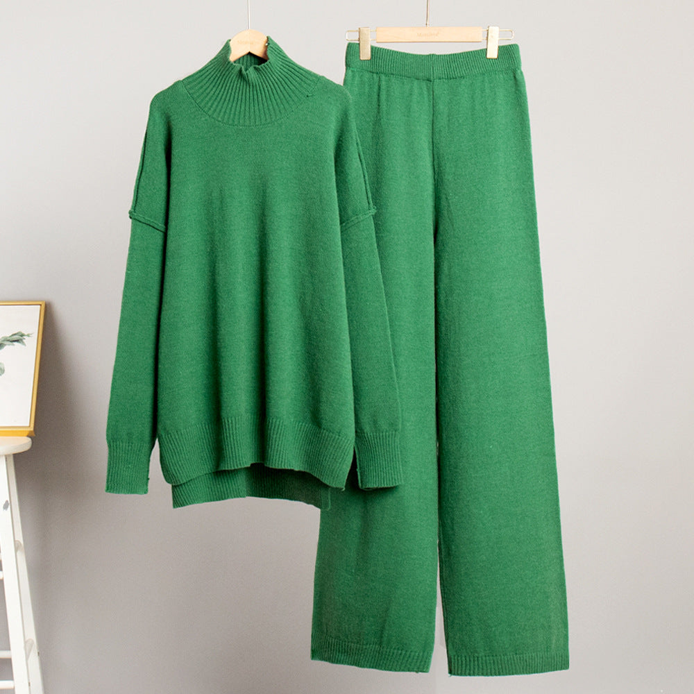 Casual High Neck Pullover Sweaters & Knitted Pants-Suits-Dark Green-S-Free Shipping Leatheretro