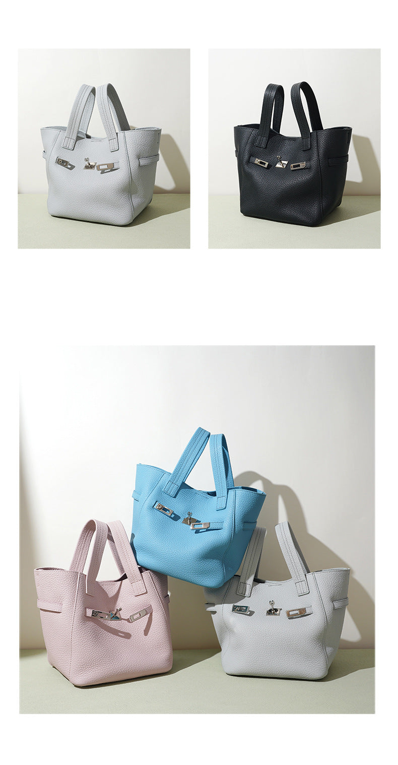 Top-Grain Leather Handbag – Stylish Basket Shoulder Bag with Lock Closure-Milkshake powder-Free Shipping Leatheretro