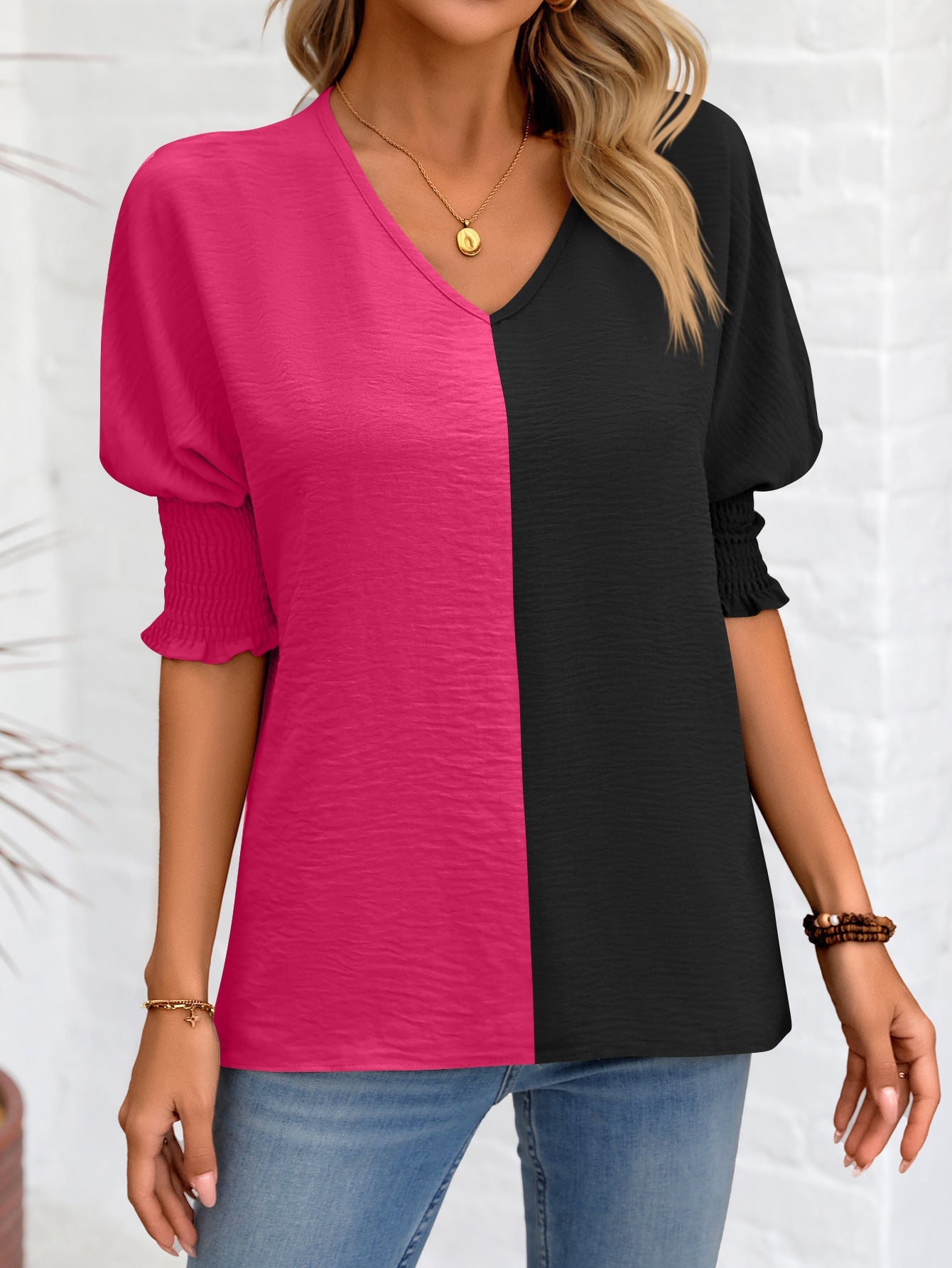 Leisure Summer V Neck Short Sleeves T Shirts-Shirts & Tops-A-S-Free Shipping Leatheretro
