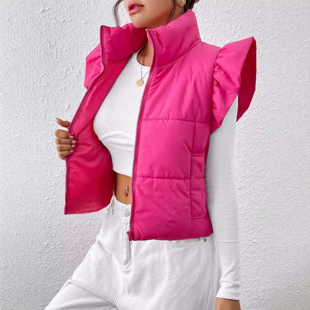 Fashion Cotton Stand Collar Sleeveless Vest-Vests-Rose Red-S-Free Shipping Leatheretro