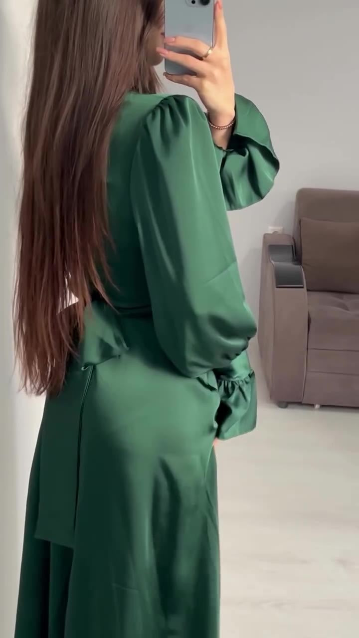 Elegant Long-sleeved Waist-tied Puff-sleeved Women Dresses-Dresses-Green-S-Free Shipping Leatheretro