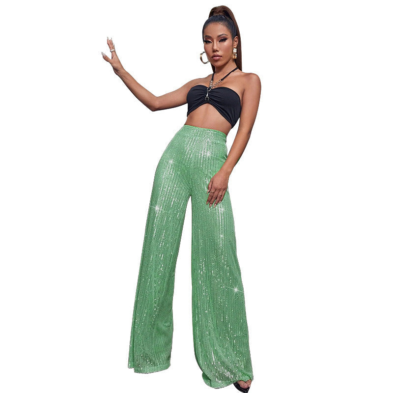 Fashion High Waist Sequin Summer Wide Legs Pants-Pants-Apricot-S-Free Shipping Leatheretro