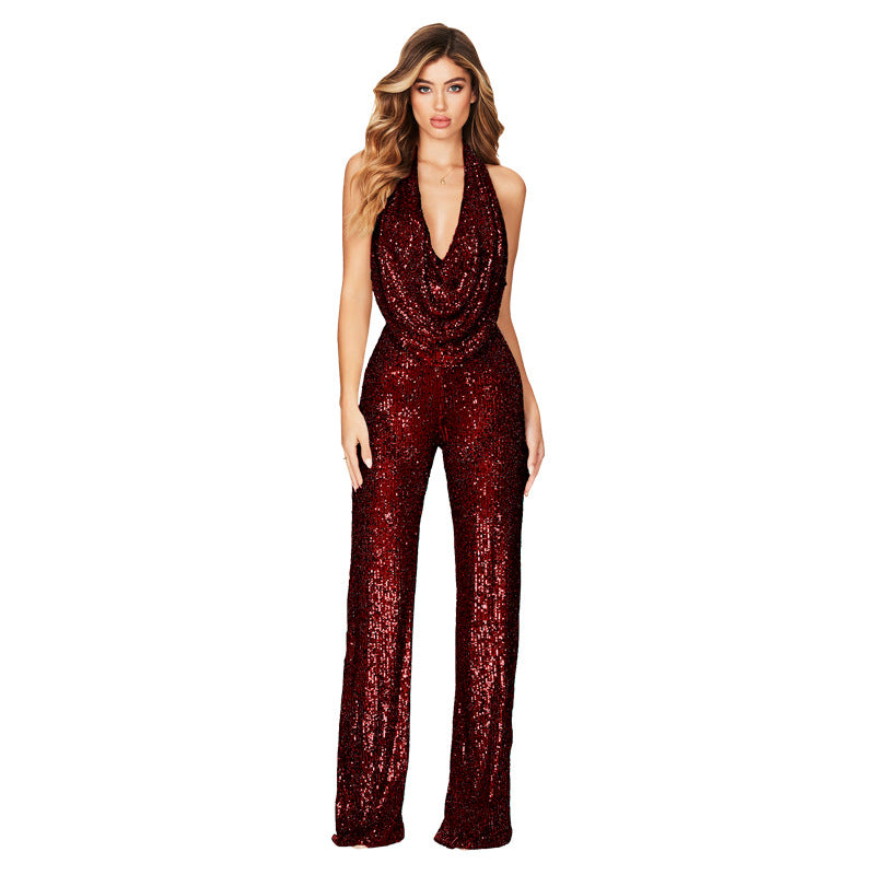 Sexy Sequined Sleeveless Jumpsuits for Party-Suits-Wine Red-S-Free Shipping Leatheretro