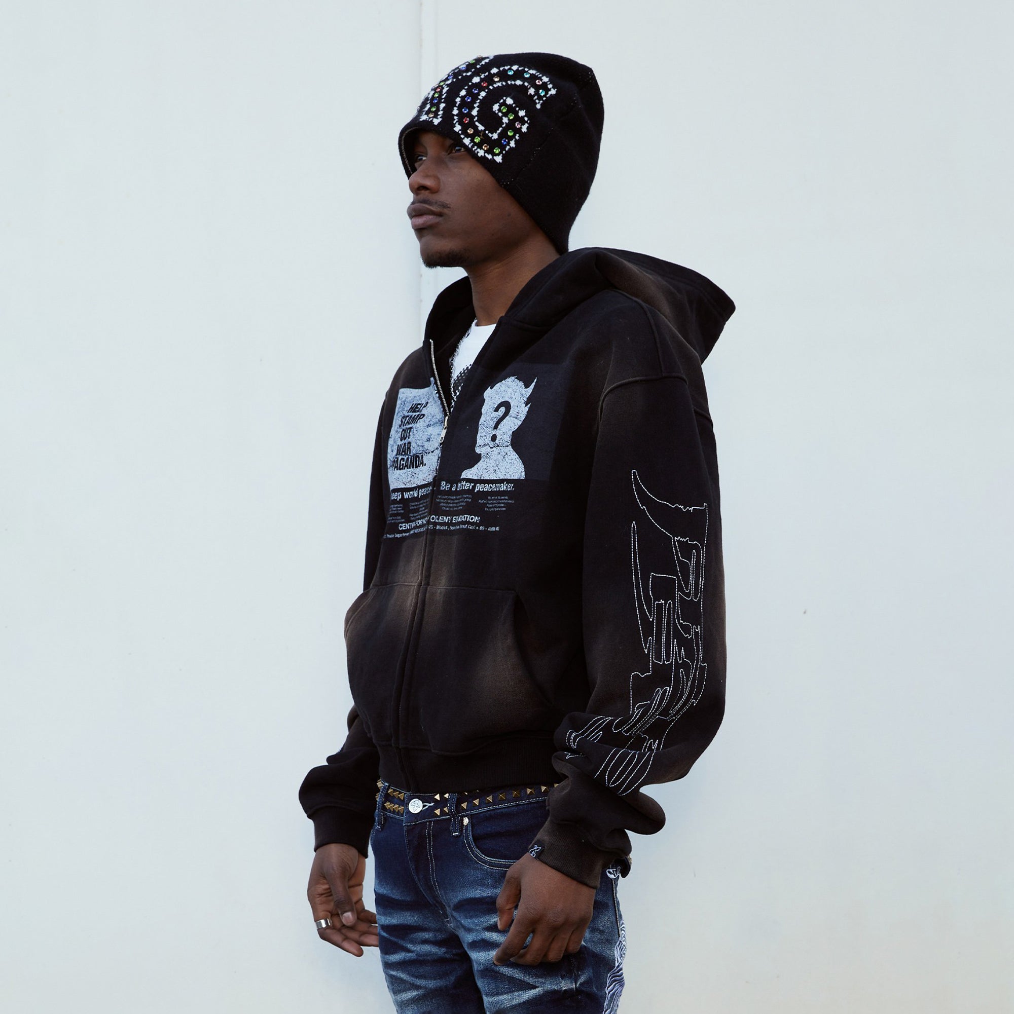 VINKID Demon Graphic Washed Zip-Up Hoodie-Jacket-S-Free Shipping Leatheretro