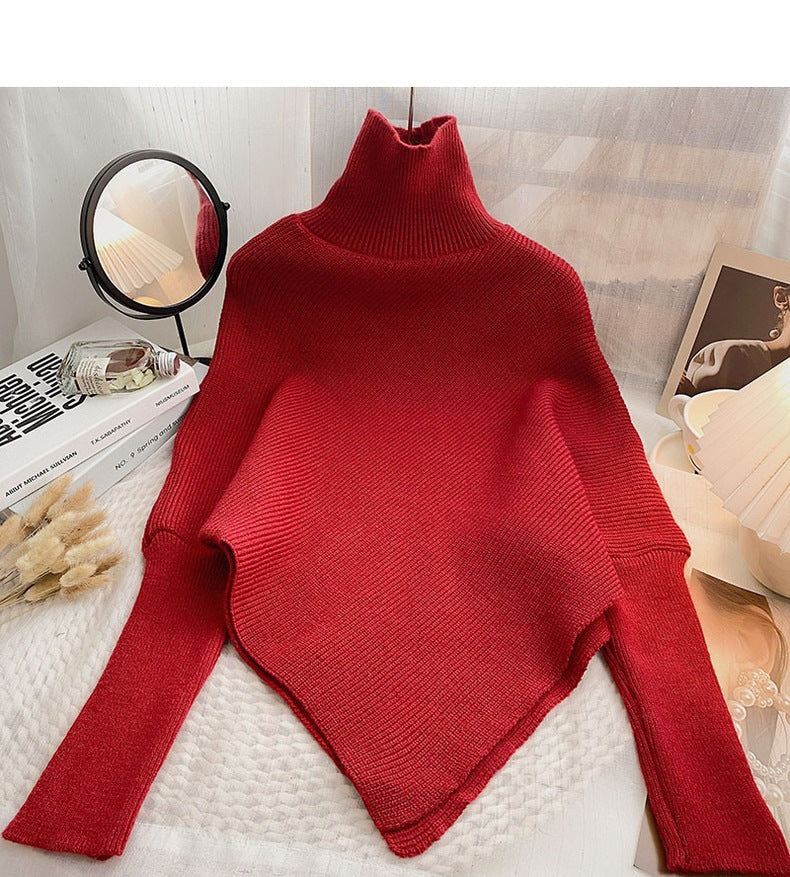 Casual High Neck Pullover Irregular Knitted Sweaters-Sweater&Hoodies-Red-One Size (under 60kg)-Free Shipping Leatheretro