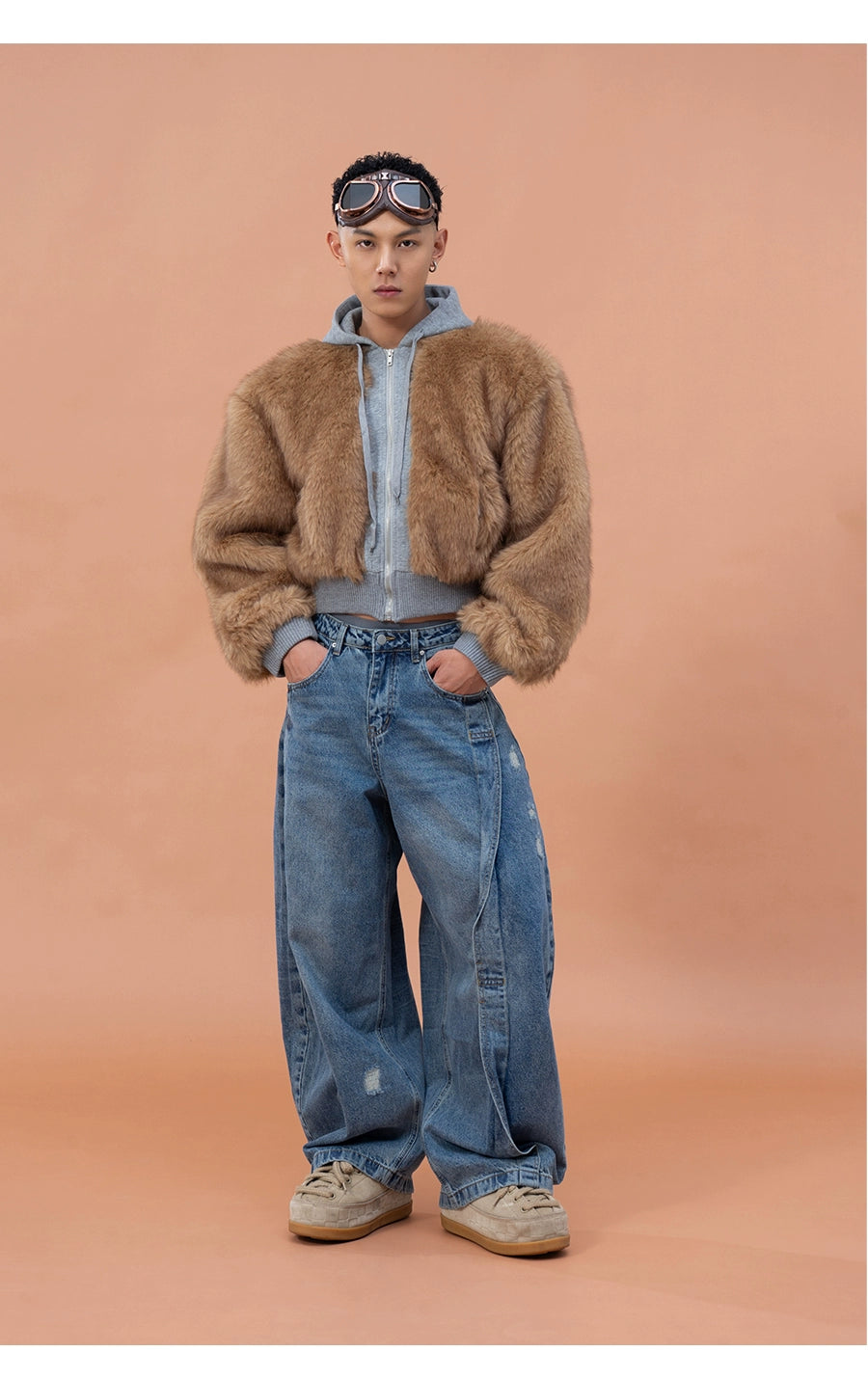 CLP Unisex Cropped Faux Fur Hoodie - Taupe Brown Zip-Up Coat-Brown-S-Free Shipping Leatheretro