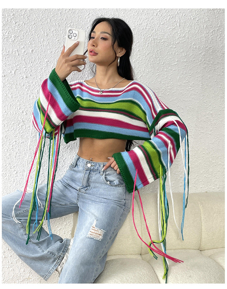 Sexy Rainbow Striped Tassels Short Knitted Blouses-Shirts & Tops-A-S-Free Shipping Leatheretro