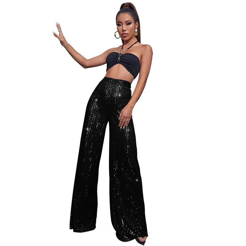 Fashion High Waist Sequin Summer Wide Legs Pants-Pants-Black-S-Free Shipping Leatheretro