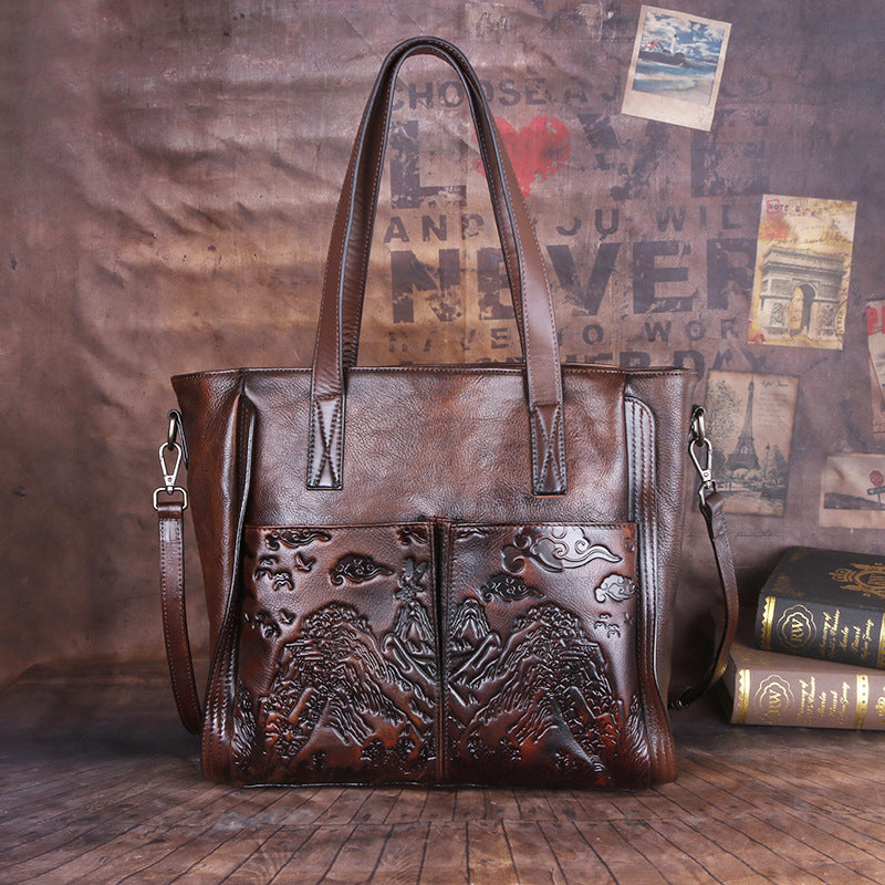 Vintage Vegetable-Tanned Handmade Satchel, Embossed Shoulder Bag for Women-handbags-Gray-Free Shipping Leatheretro