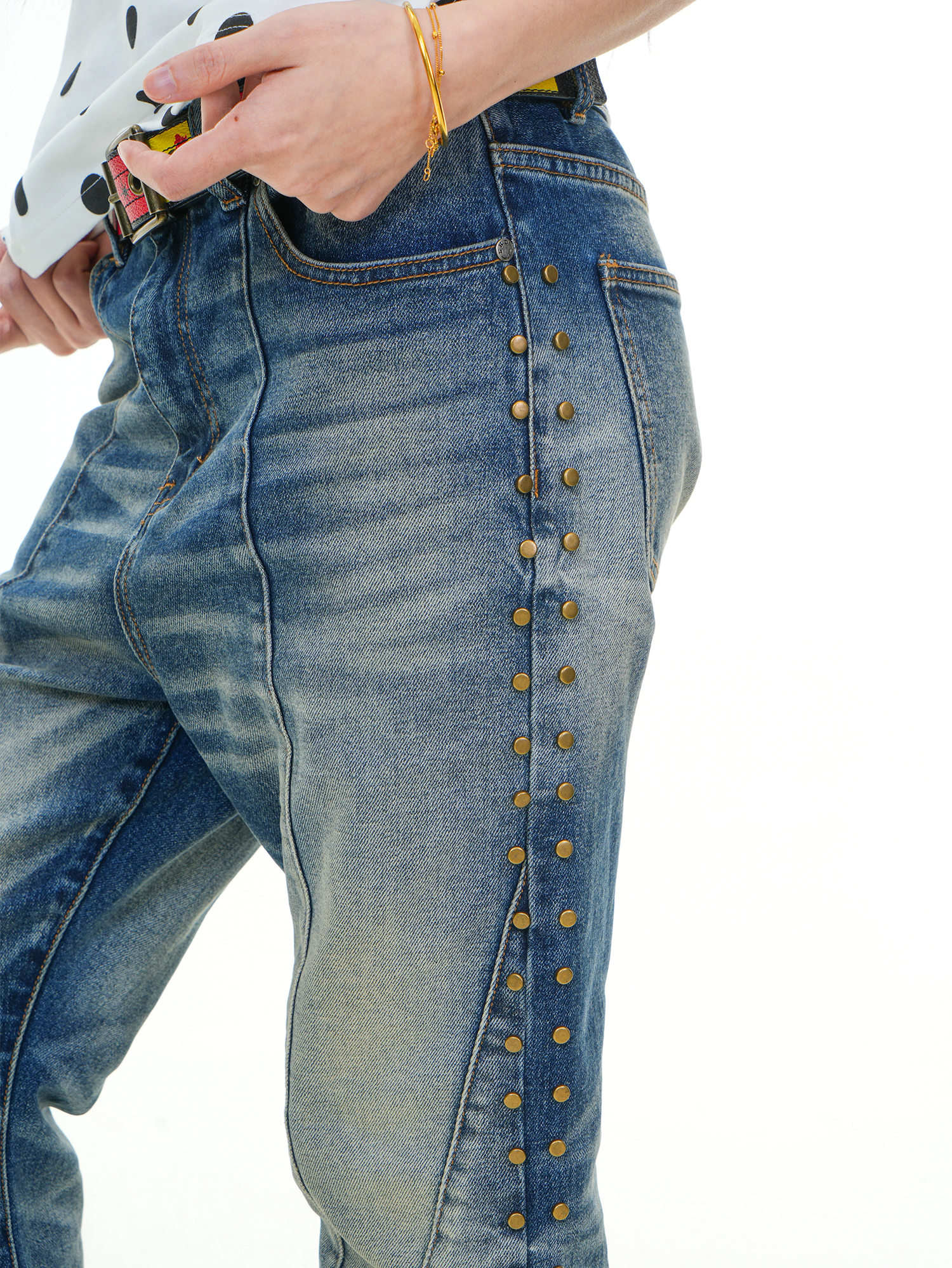 VINKID Deconstructed Side-Studded Washed Jeans-Jeans-S / 31"-Free Shipping Leatheretro