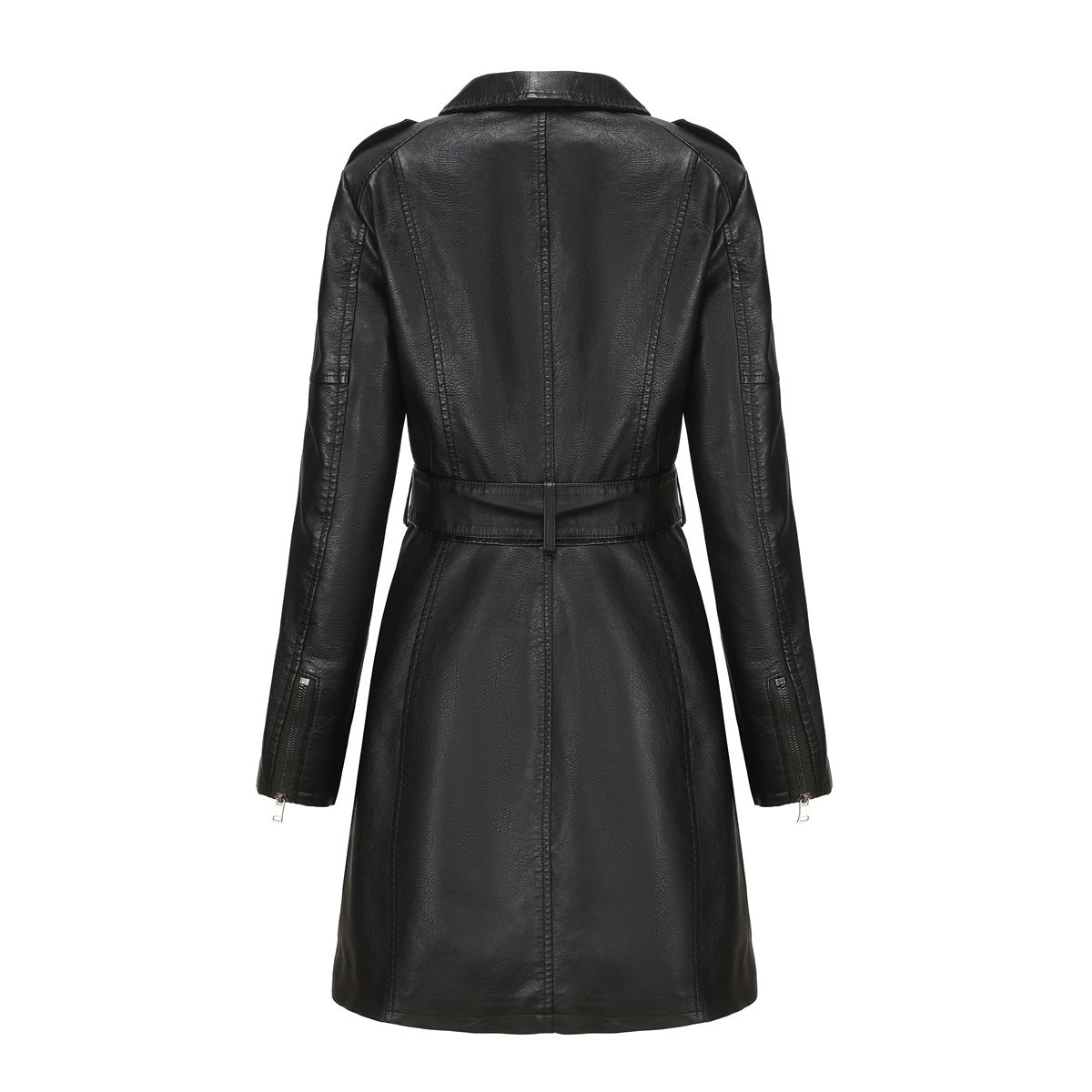 Women's Mid-Long Leather Trench Coat-black-S-Free Shipping Leatheretro