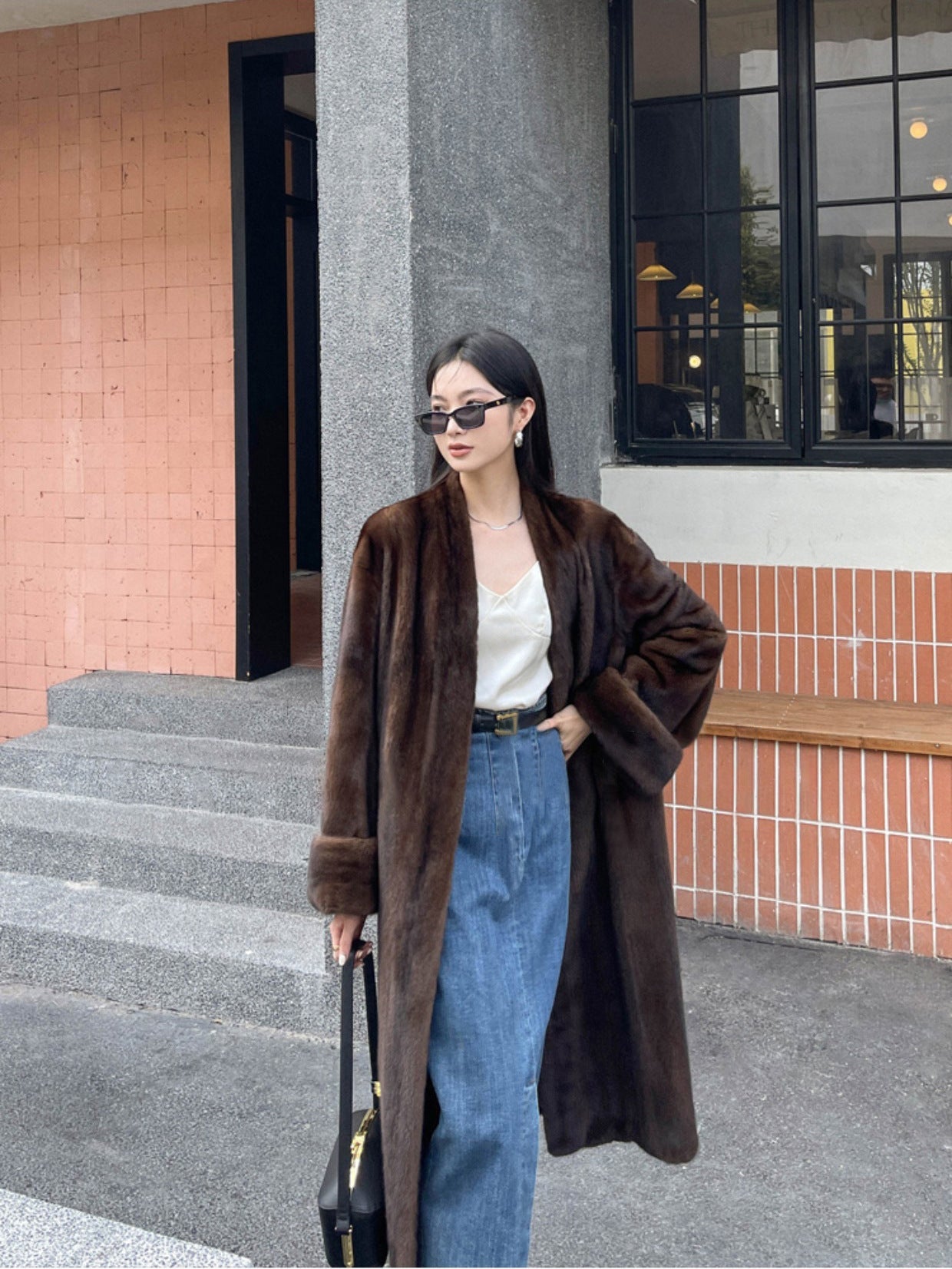 Vintage Faux Fur V Neck Long Overcoats-Outerwear-Maroon-S-Free Shipping Leatheretro