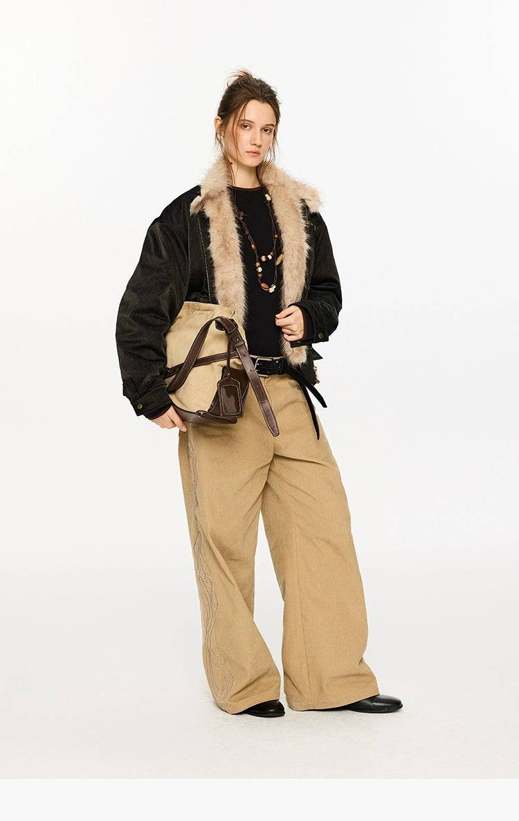 KREATE Harrington-Style PU Leather Jacket with Long Fur Collar-Ivory-S-Free Shipping Leatheretro