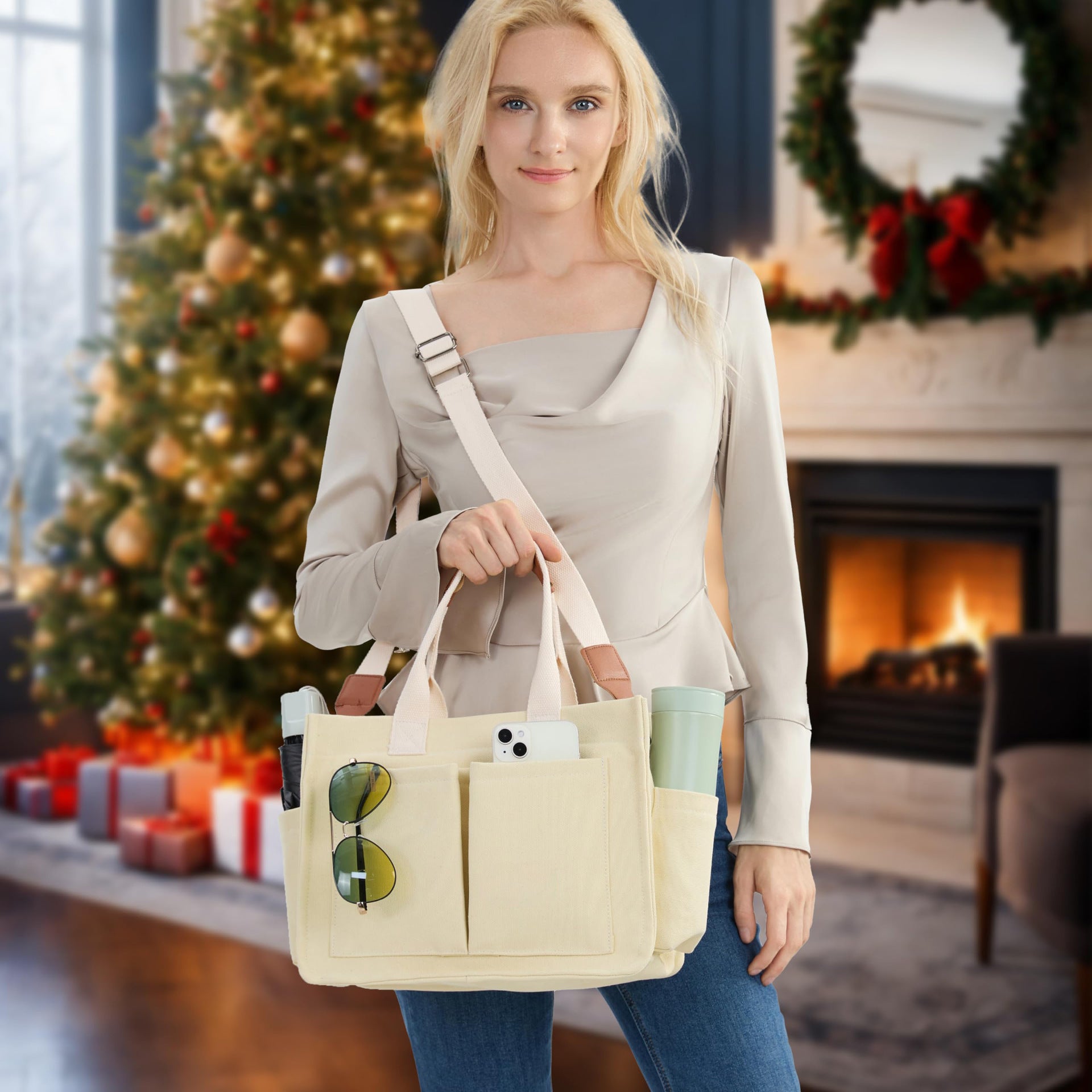 Large Canvas Tote Bag Laptop Crossbody Bag, Spacious Mom Diaper Bag-Canvas Bag-Black-A-Free Shipping Leatheretro