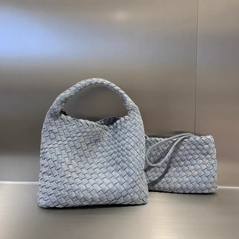 Stylish Canvas & Denim Woven Bucket Bag for Women-Light Blue 23cm-Free Shipping Leatheretro