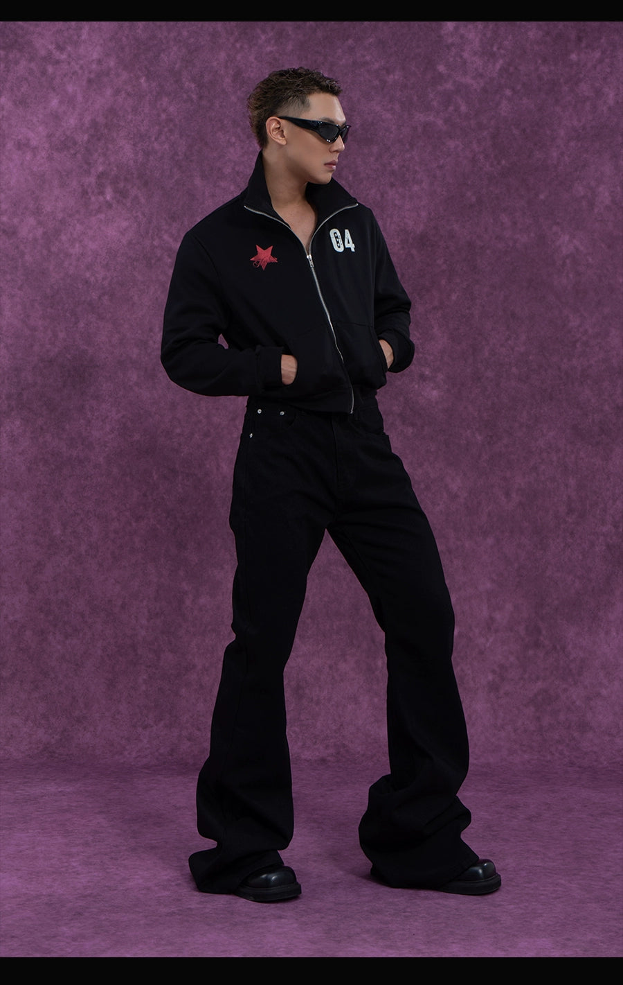 CLP Unisex Cropped Zip-Up Jacket with Print-Black-S-Free Shipping Leatheretro