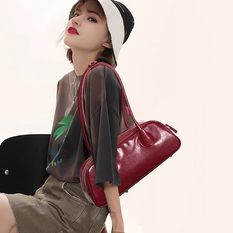 Luxury Genuine Leather Bowling Bag – Spacious Crossbody Tote & Shoulder Bag-Shoulder-Burgundy-Free Shipping Leatheretro