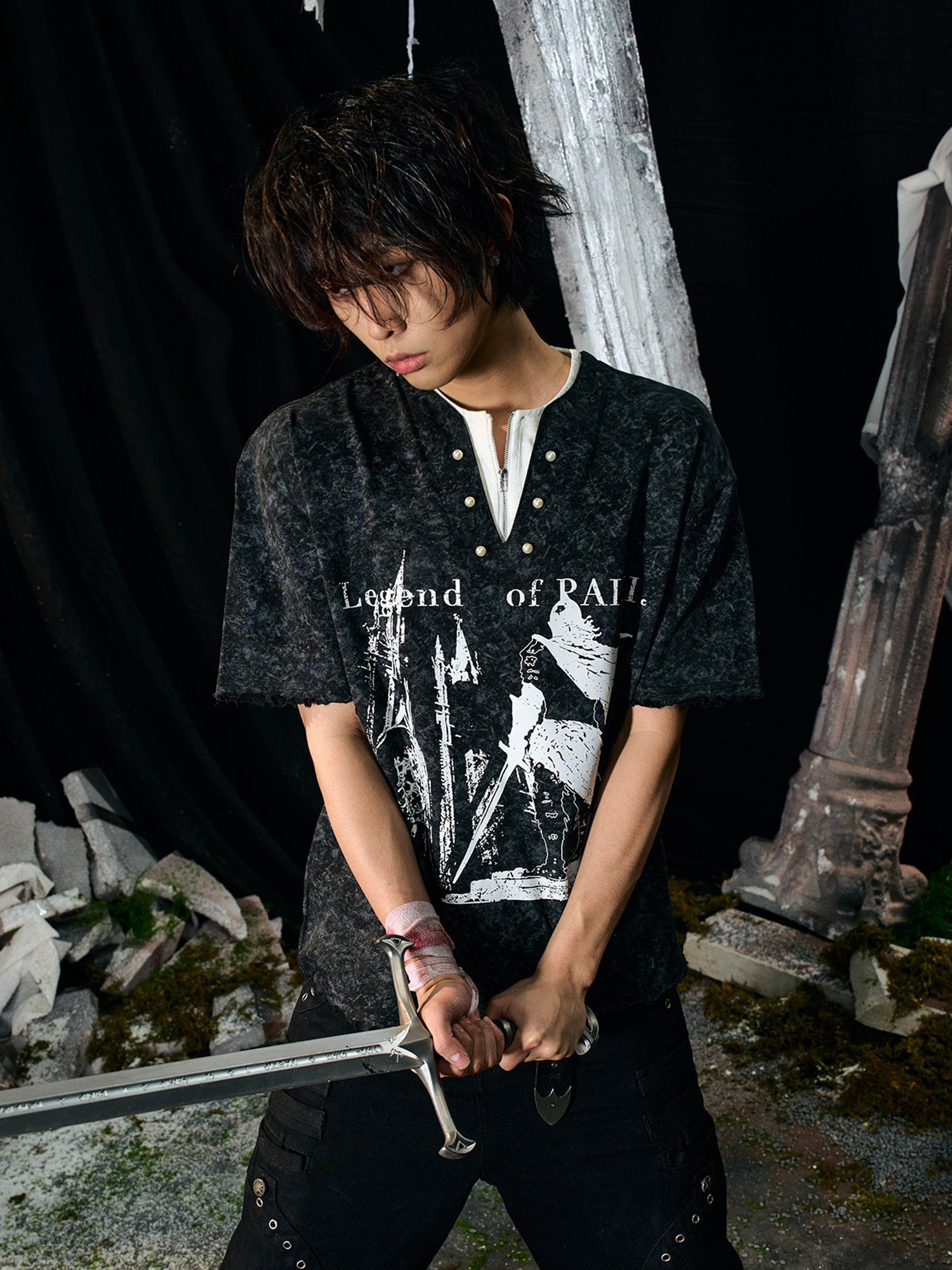 PAIKI Castle Graphic Henley Layered Tee-T Shirt-S-Black-Free Shipping Leatheretro