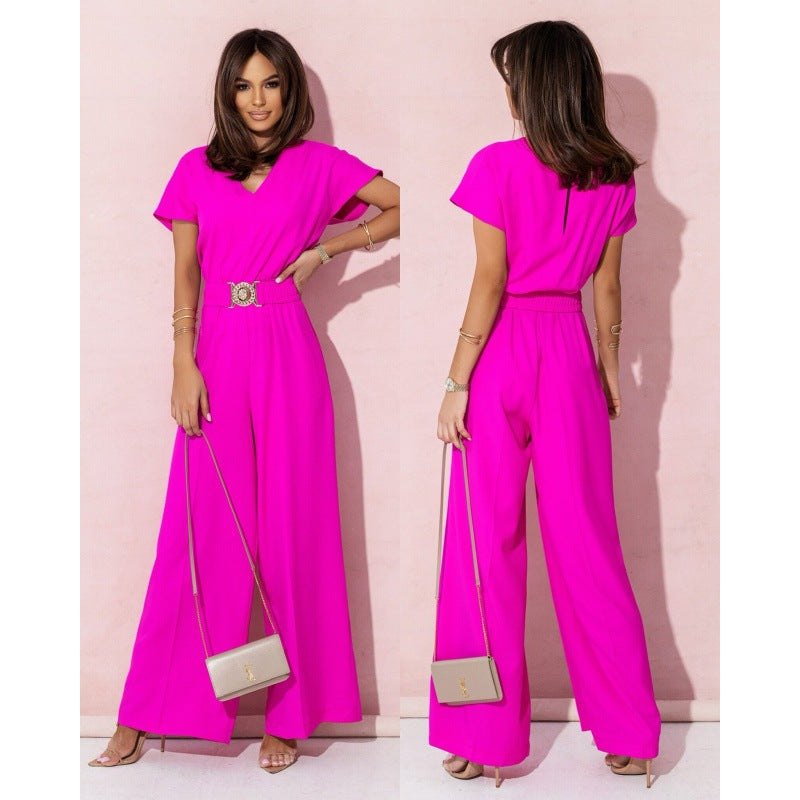 Fashion V Neck Short Sleeves Jumpsuits-dresses-Rose Red-S-Free Shipping Leatheretro