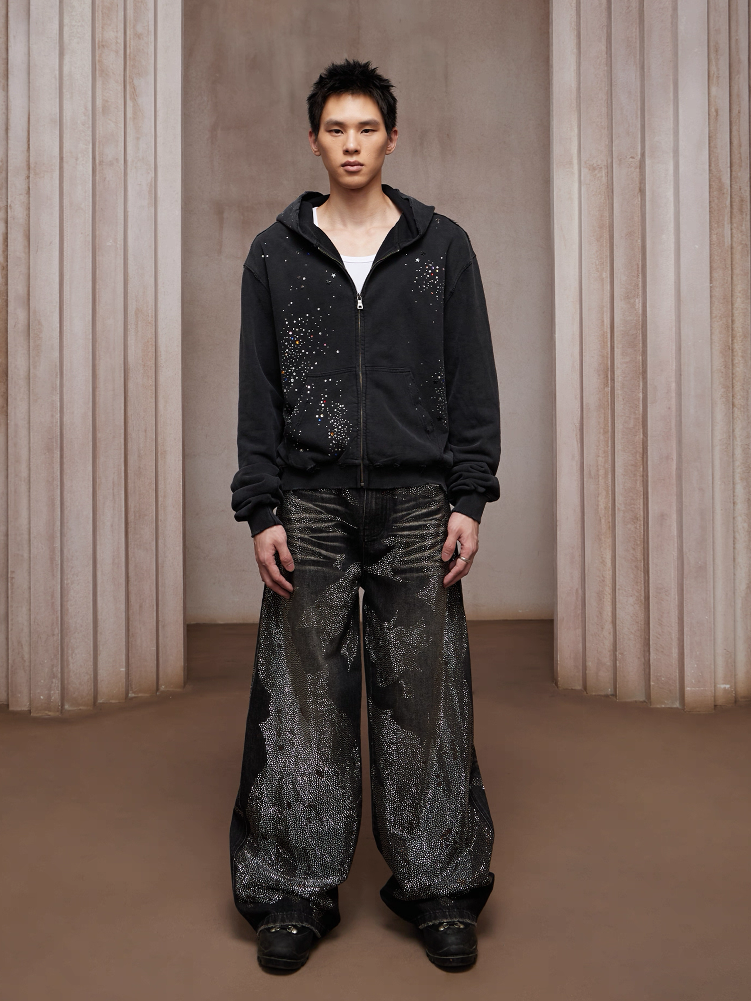 DND4DES Dirty-Washed Diamond Wide-Leg Jeans Black-Jeans-XS-Free Shipping Leatheretro