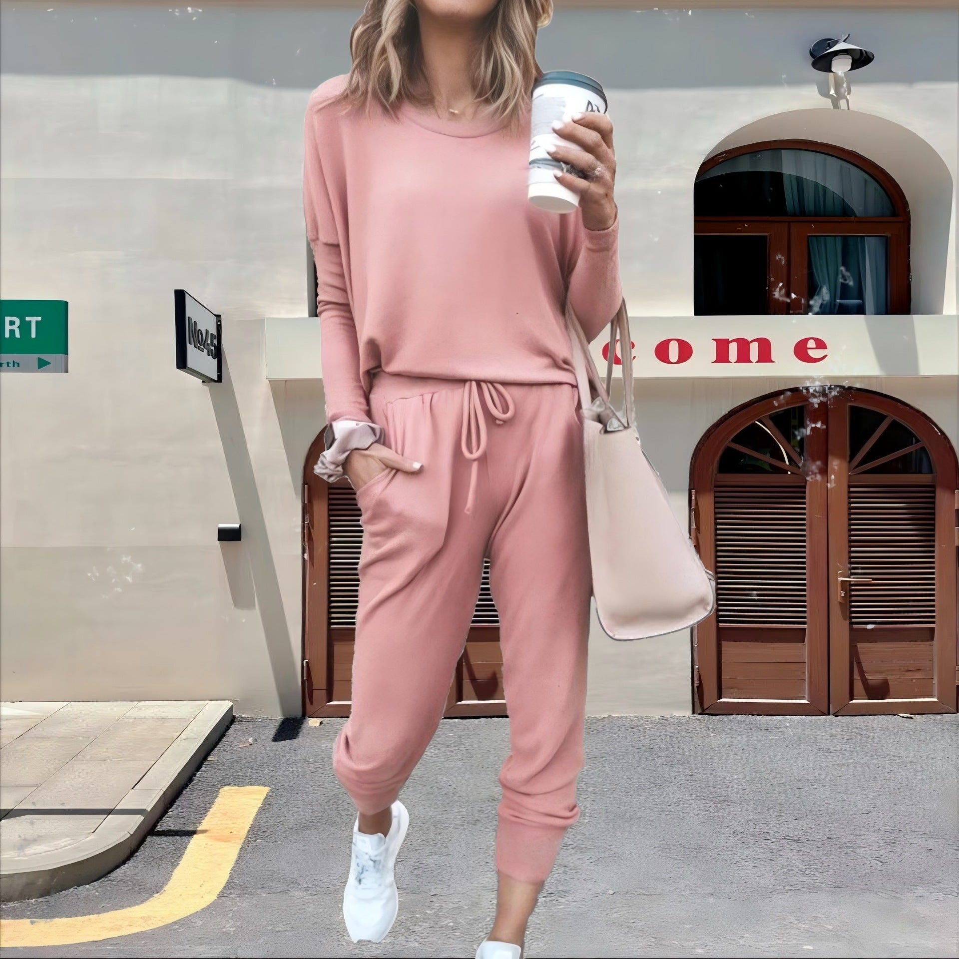 Casual Fall Long Sleeves Blouses and Pants-Suits-Pink-S-Free Shipping Leatheretro