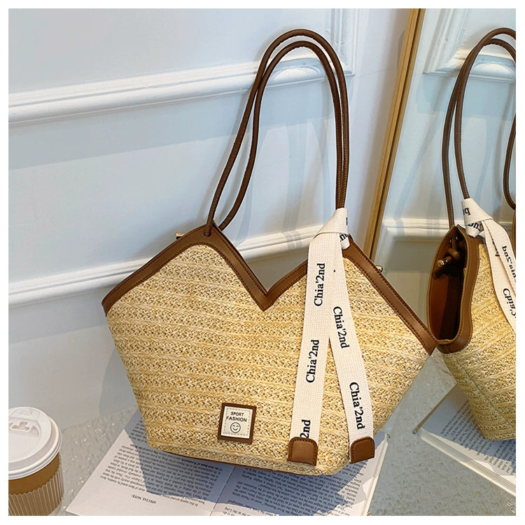 Large Capacity Tote Bag – Vintage Straw Woven Handbag-White with brown.-Free Shipping Leatheretro