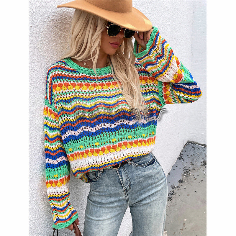 Casual Bohemian Striped Knitted Sweaters-Sweater&Hoodies-Green-S-Free Shipping Leatheretro