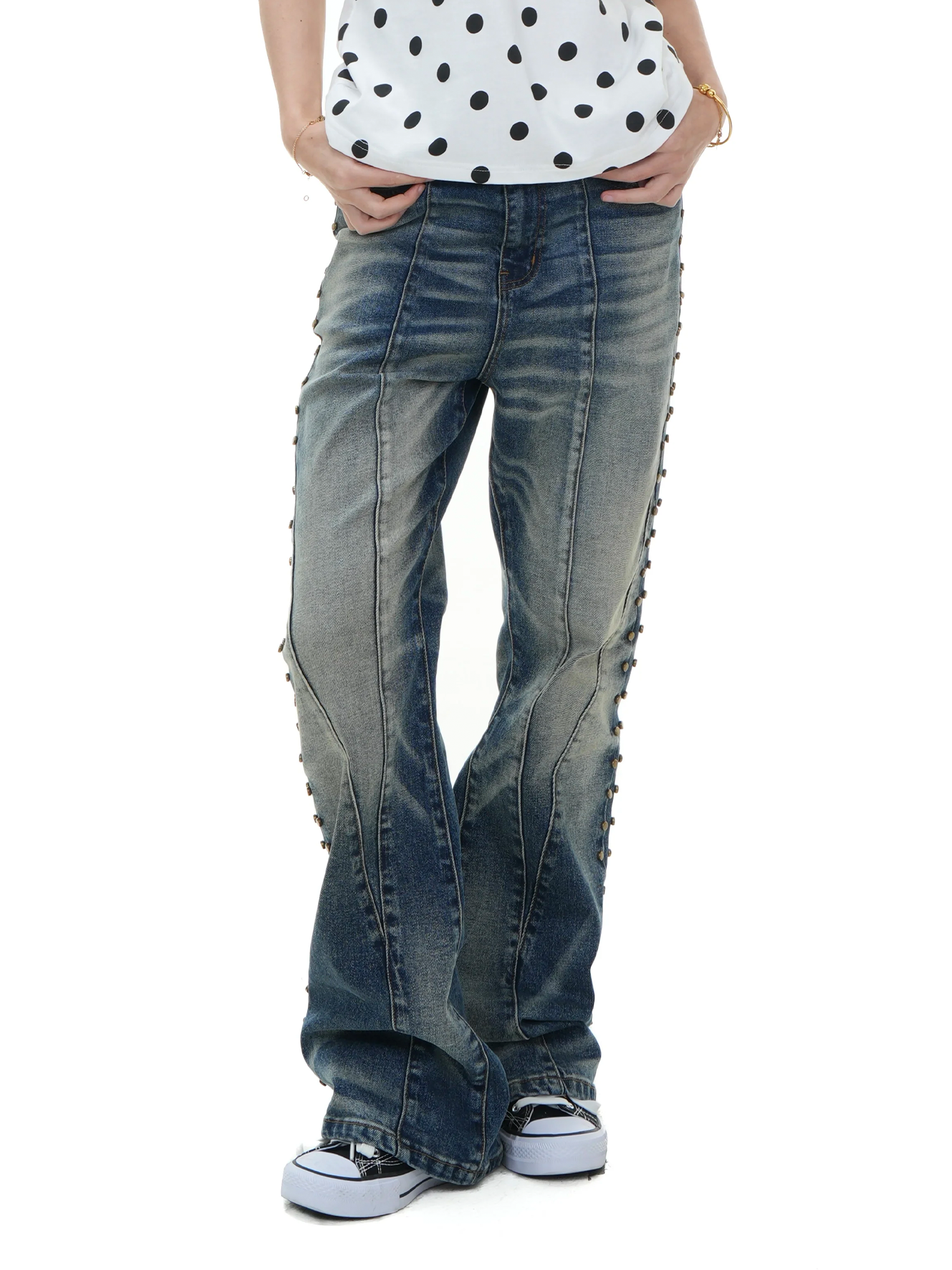 VINKID Deconstructed Side-Studded Washed Jeans-Jeans-S / 31"-Free Shipping Leatheretro