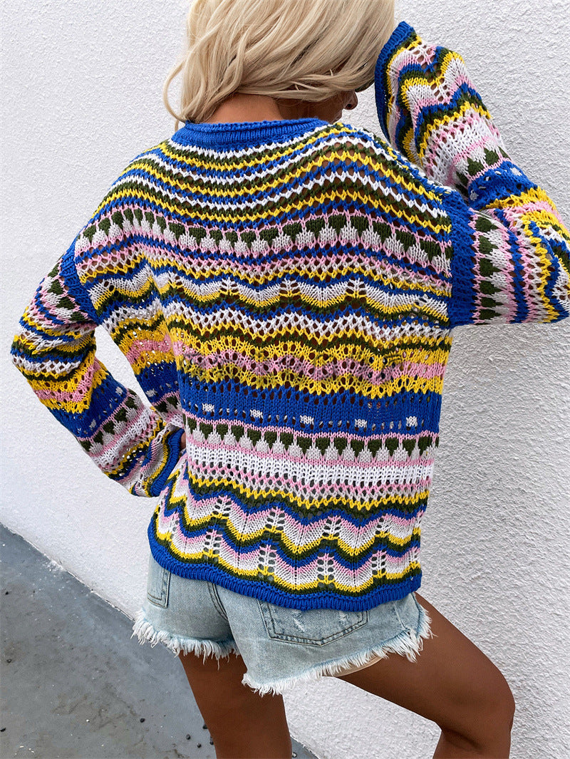 Casual Bohemian Striped Knitted Sweaters-Sweater&Hoodies-Green-S-Free Shipping Leatheretro