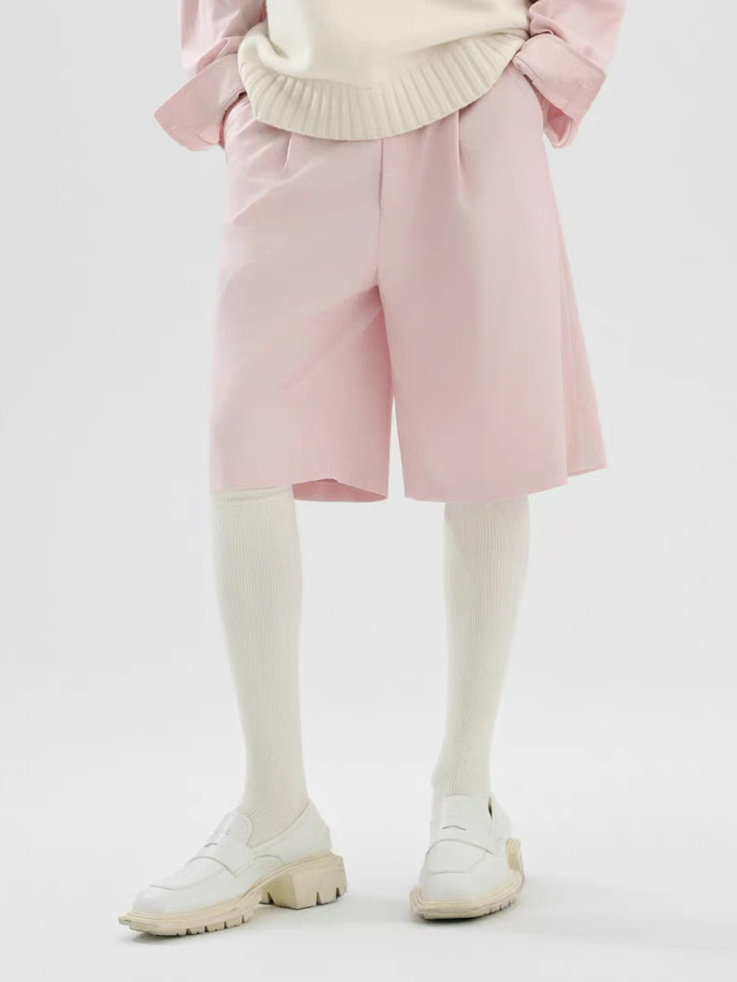 TIWILLTANG Straight-Leg Pinstripe Knee-Length Shorts White/Pink-Shorts-S-Pink-Free Shipping Leatheretro