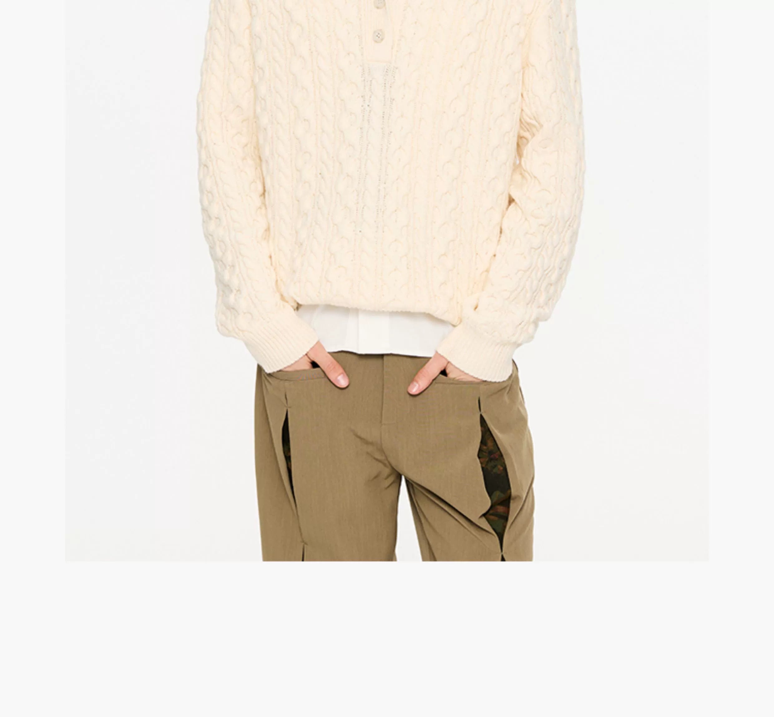 KREATE Textured Cable-Knit Polo Sweater-Ivory-S-Free Shipping Leatheretro