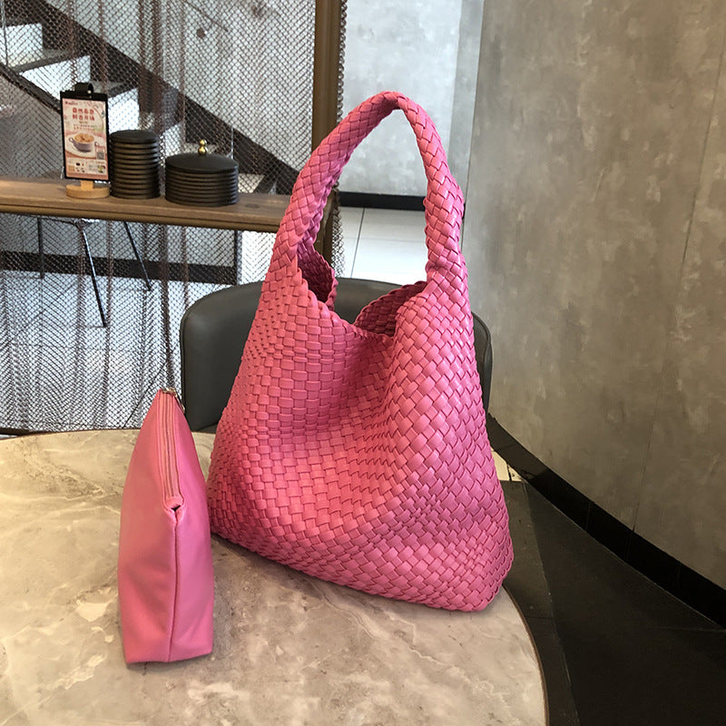 Handwoven Faux Leather Shoulder Tote Bag for Women-Black-Free Shipping Leatheretro