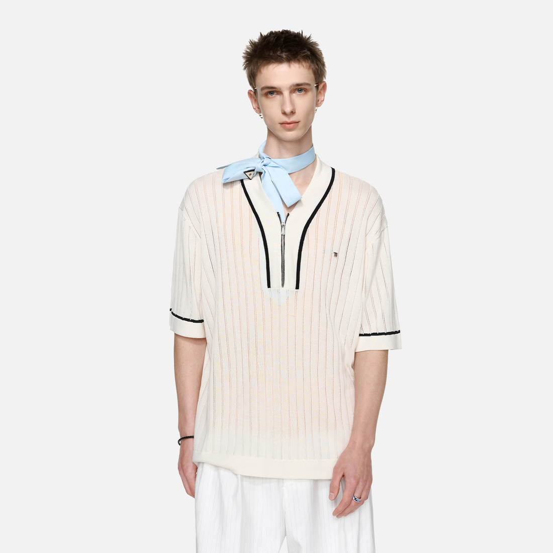 TIWILLTANG Openwork Contrast Trim Zip-Neck Knitted T Shirt-T Shirt-S-Free Shipping Leatheretro