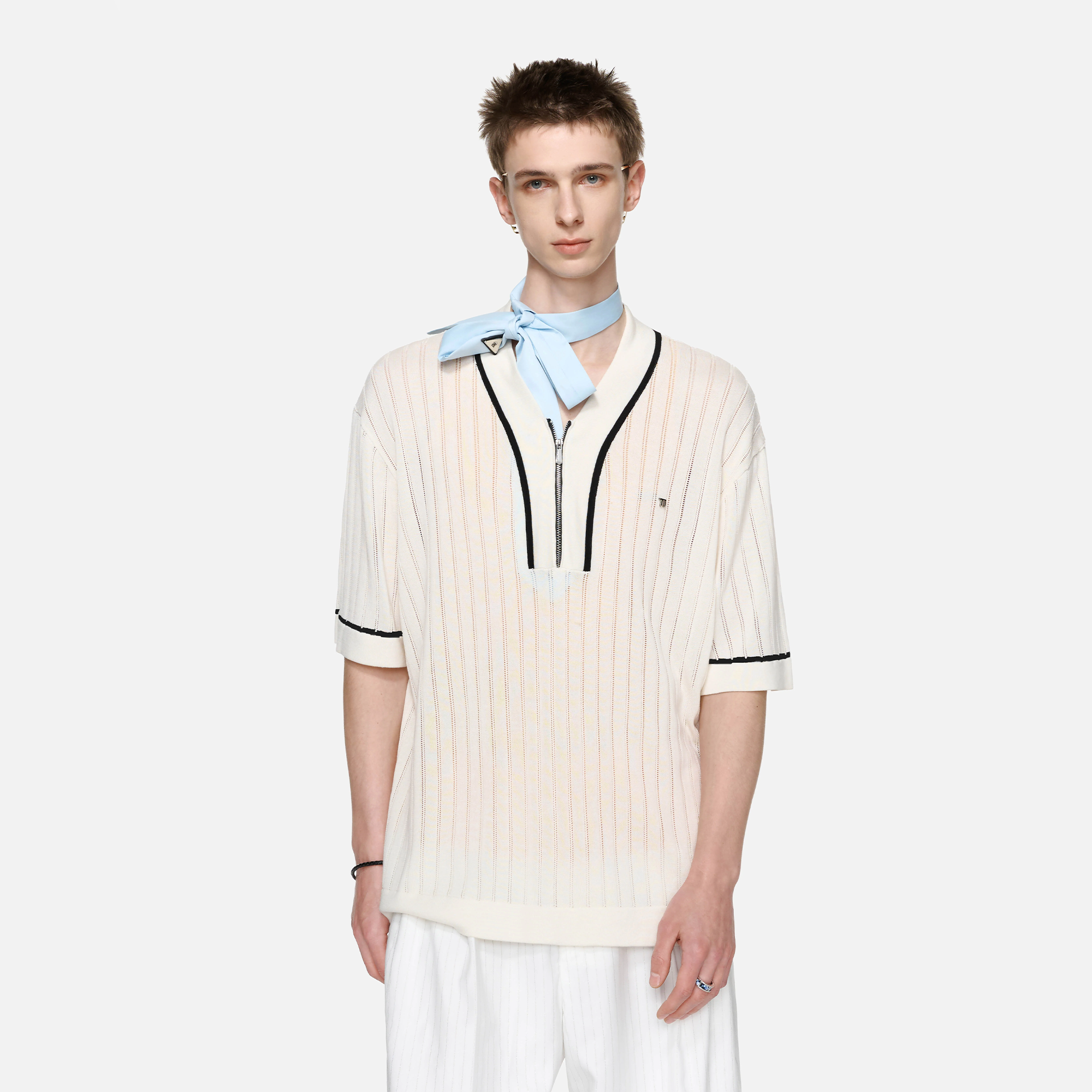 TIWILLTANG Openwork Contrast Trim Zip-Neck Knitted T Shirt-T Shirt-S-Free Shipping Leatheretro