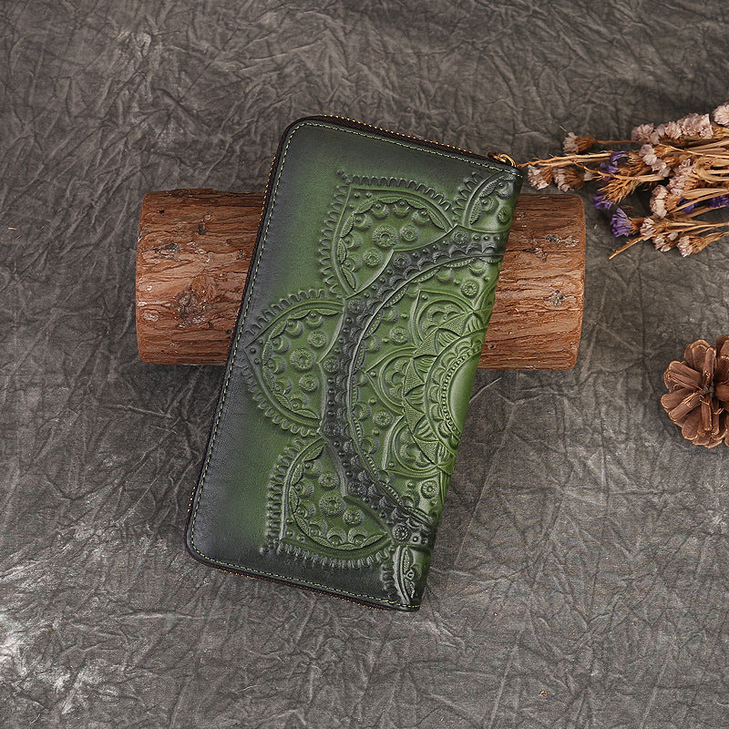 Genuine Cowhide Leather with Embossed Zipper Closure Wallet-Handbags, Wallets & Cases-Blue-Free Shipping Leatheretro