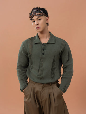 CLP Men's Distressed Knit Polo Shirt-Green-M-Free Shipping Leatheretro