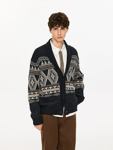 KREATE Shawl Collar Jacquard Knit Cardigan-Black Gray-S-Free Shipping Leatheretro