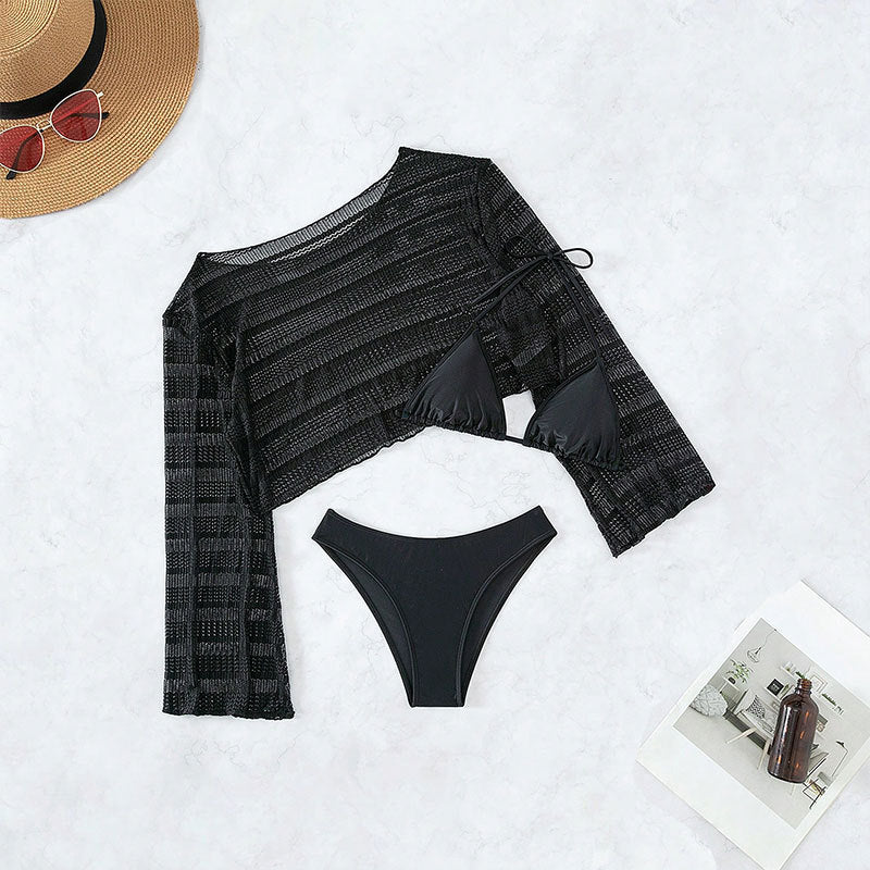 Casual 3pcs Black Bikini Swimsuits-Swimwear-Black-XS-Free Shipping Leatheretro