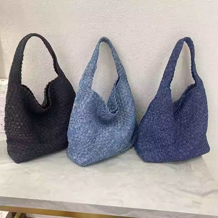 Stylish Canvas & Denim Woven Bucket Bag for Women-Light Blue 23cm-Free Shipping Leatheretro