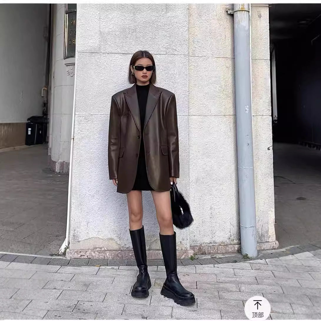 Women's Faux Leather Blazer – Oversized Casual Jacket-black-S-Free Shipping Leatheretro