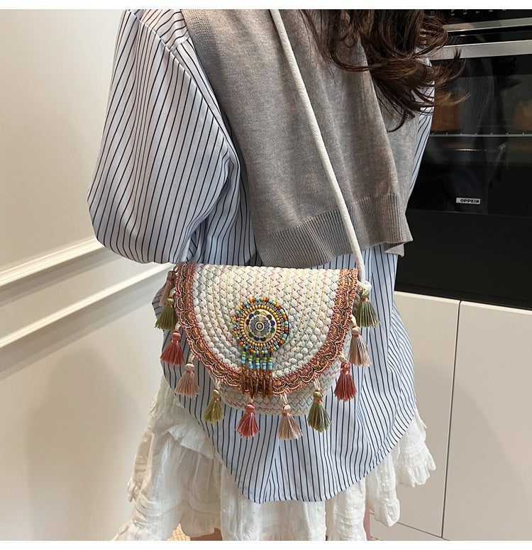 Bohemian Straw Woven Handbag-khaki-Free Shipping Leatheretro