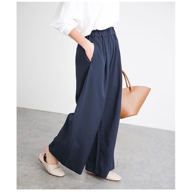 Leisure Elastic Waist Casual Wide Legs Pants-Pants-Navy Blue-S-Free Shipping Leatheretro