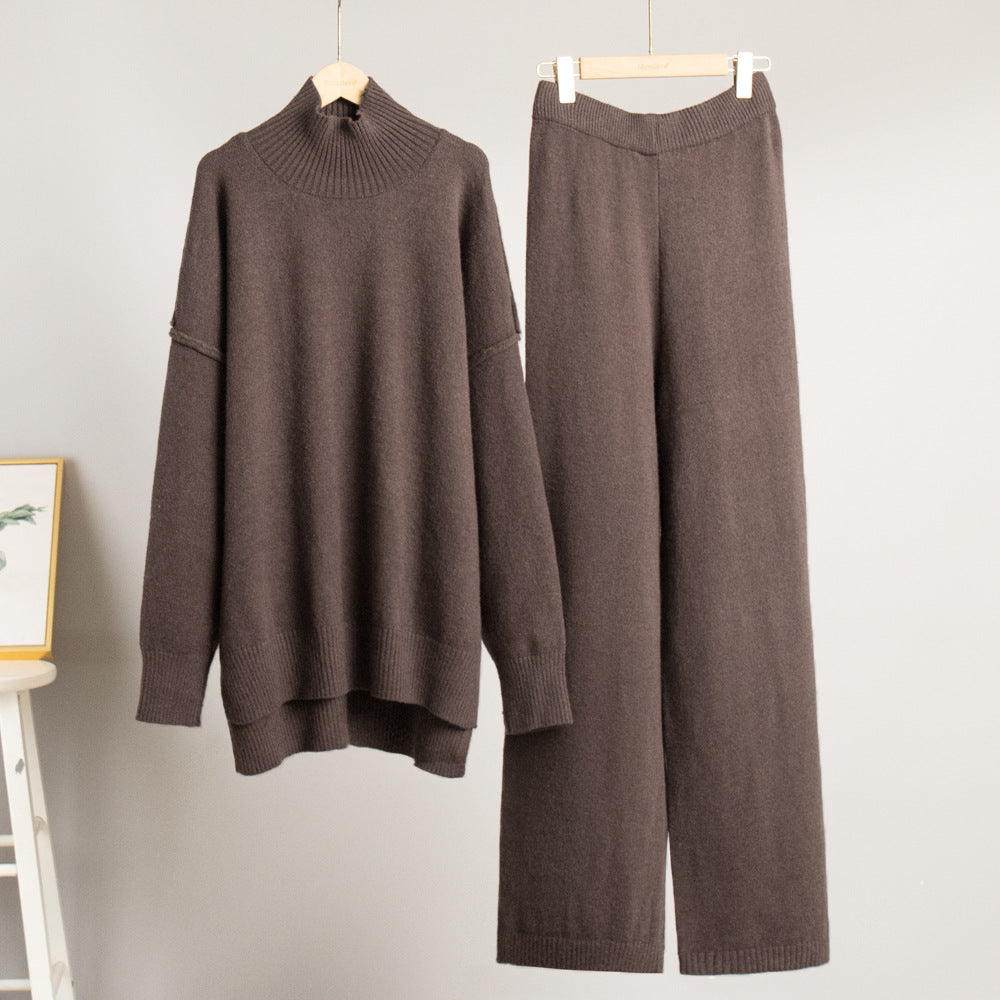 Casual High Neck Pullover Sweaters & Knitted Pants-Suits-Coffee-S-Free Shipping Leatheretro