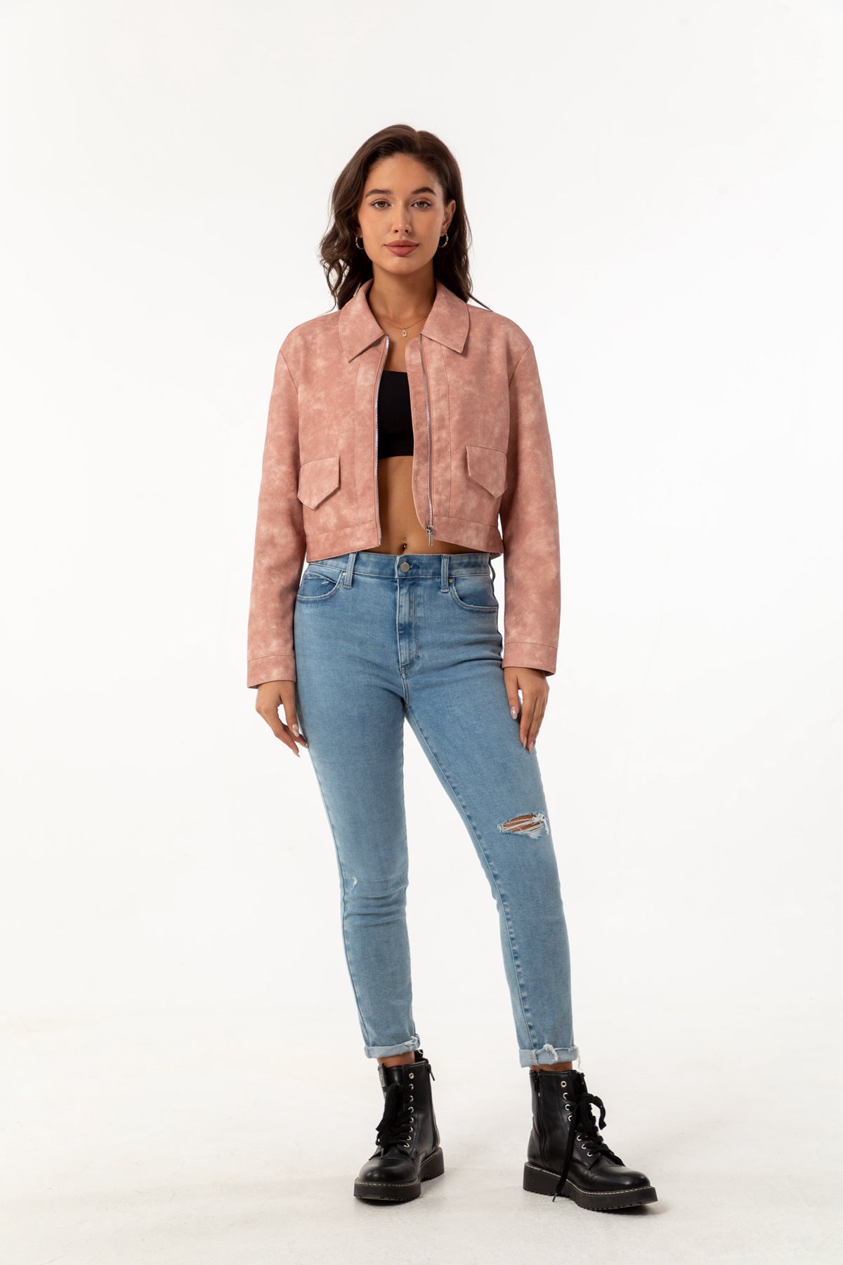 Women's Faux Leather Jacket-Lotus root pink #7-S-Free Shipping Leatheretro