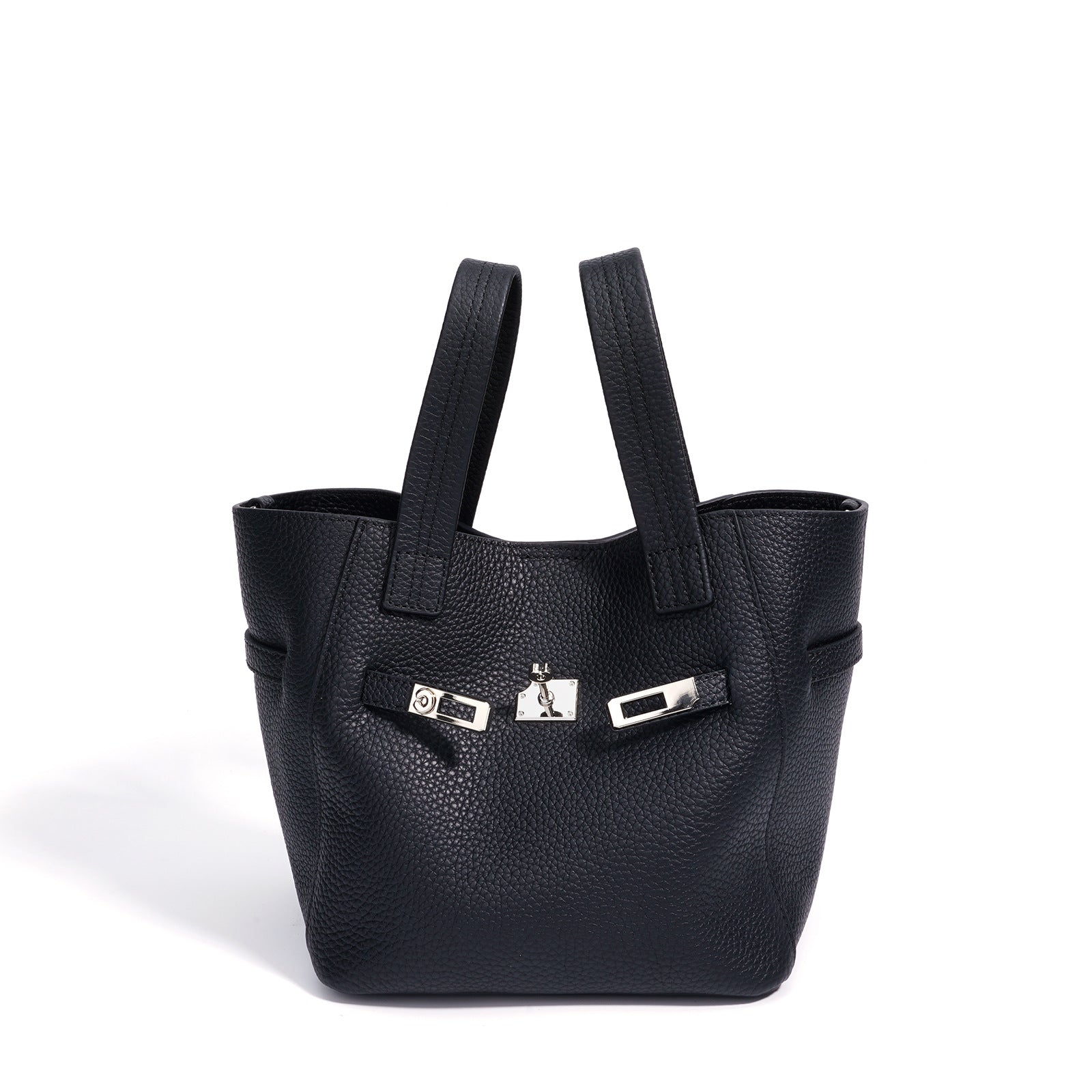 Top-Grain Leather Handbag – Stylish Basket Shoulder Bag with Lock Closure-black-Free Shipping Leatheretro