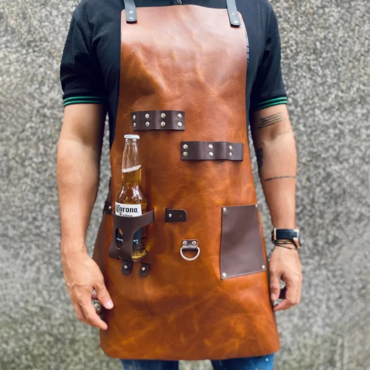 PU Leather BBQ Apron – Outdoor Cooking, Grilling & Picnic Apron with Bottle Holder – Oil-Resistant Work Apron-Leather Canvas Aprons-PU Brown-Free Shipping Leatheretro