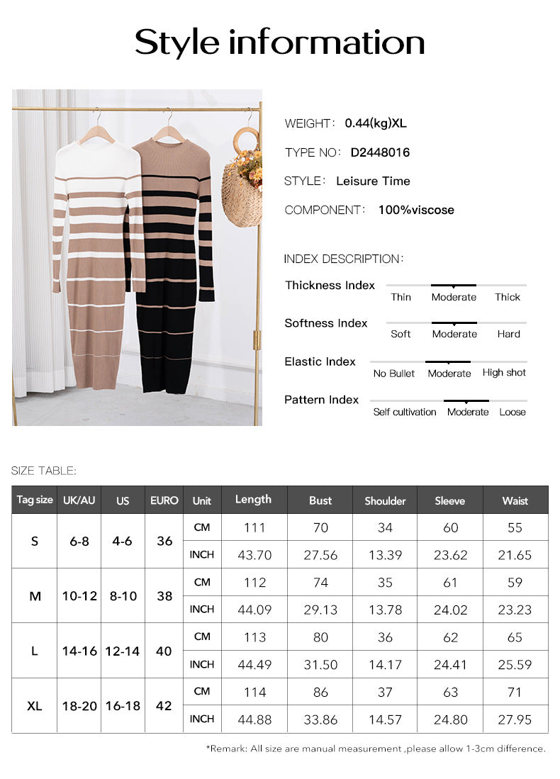 Fashion Striped Long Sleeves Knitted Dresses-Dresses-White-S-Free Shipping Leatheretro