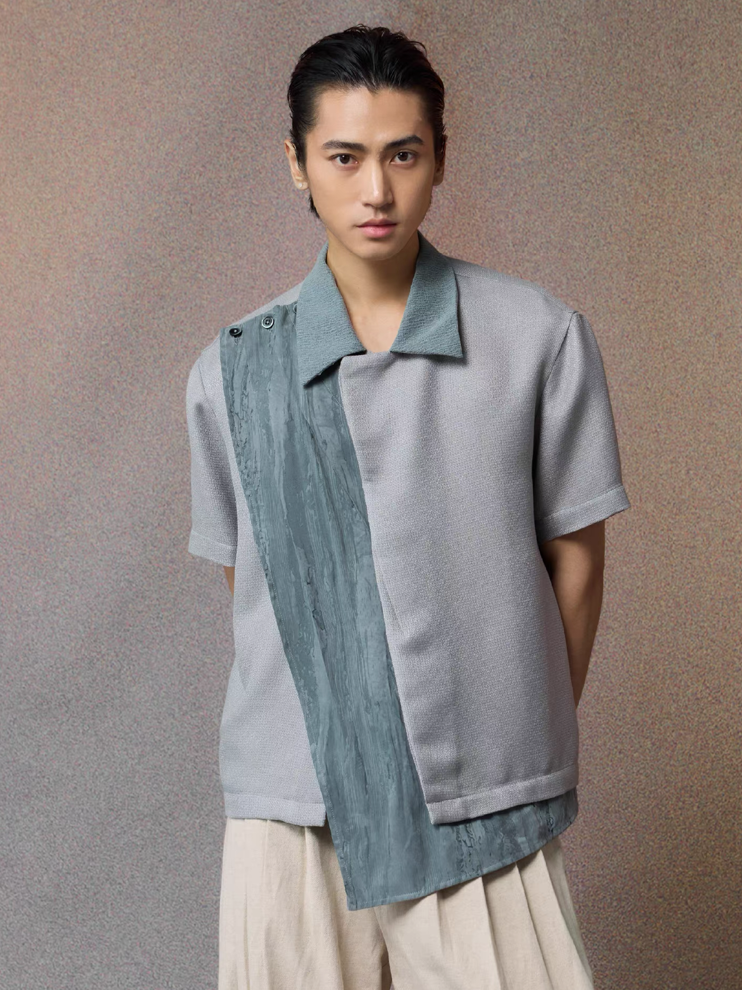 ALVNG AR ANTS Asymmetrical Contrast Spliced Linen Half Shirt-Half shirt-S-Blue-Free Shipping Leatheretro