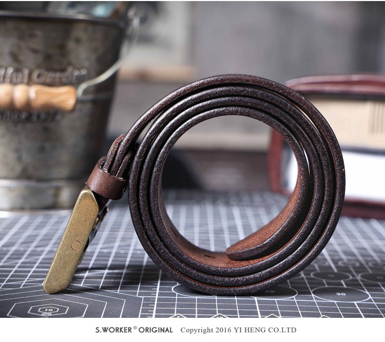 Vintage Men's Genuine Leather Belt Handmade Needle Buckle with Pure Copper Buckle Belt-Leather Belt-Dark Coffee-105cm-Free Shipping Leatheretro